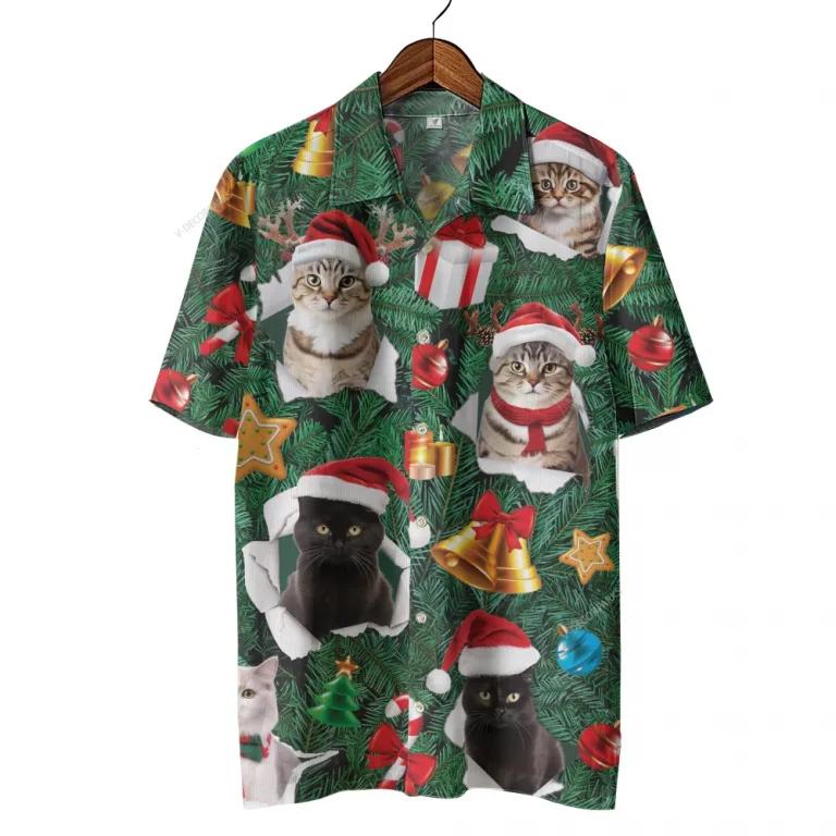 Merry Christmas Hawaiian Shirts, Pine Tree Cat Santa Summer Beach Shirts, Christmas Button Down Shirt Short Sleeve, Cat Lovers Christmas Aloha Shirts