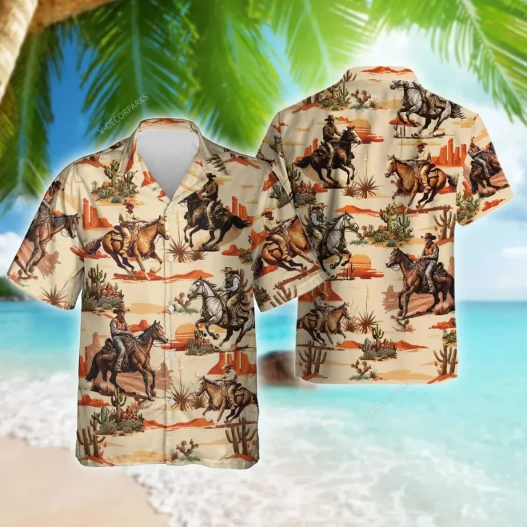 Horse Racing Desert Hawaiian Shirt For Men, Reodeo Desesert And Cactus Aloha Shirt, Casual Button Down Shirt, Hawaiian Style Shirt