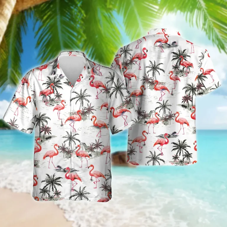 Flamingo Unisex Hawaiian Shirts, Tropical Palm Tree Aloha Beach Shirt, Summer Casual Button Down Short Sleeve Shirt For Bird Lover