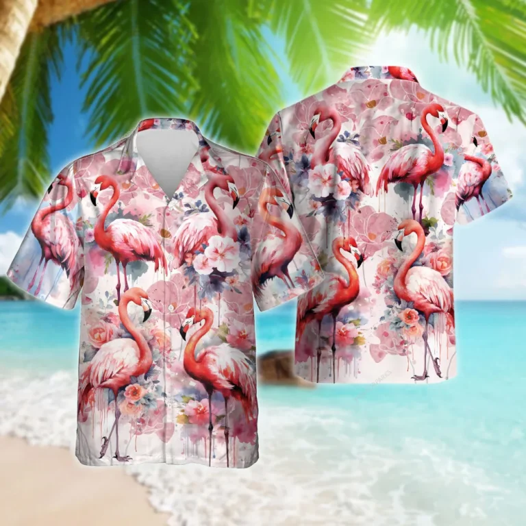 Flamingo Art Hawaiian Shirts For Men Women, Watercolor Flower Aloha Beach Shirt, Summer Casual Button Down Short Sleeve Shirt For Bird Lover