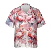 Flamingo Art Hawaiian Shirts For Men Women, Watercolor Flower Aloha Beach Shirt, Summer Casual Button Down Short Sleeve Shirt For Bird Lover