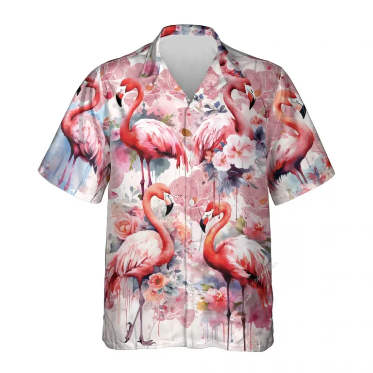 Flamingo Art Hawaiian Shirts For Men Women, Watercolor Flower Aloha Beach Shirt, Summer Casual Button Down Short Sleeve Shirt For Bird Lover