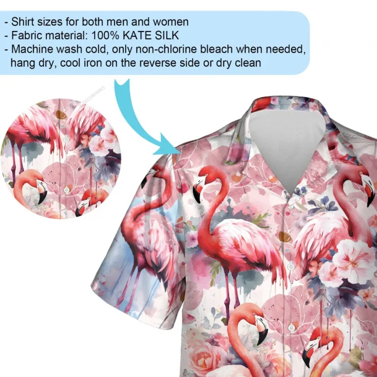 Flamingo Art Hawaiian Shirts For Men Women, Watercolor Flower Aloha Beach Shirt, Summer Casual Button Down Short Sleeve Shirt For Bird Lover