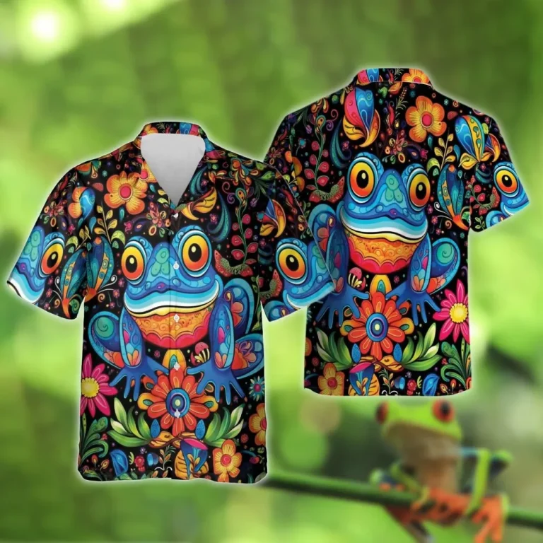 Funny Frog Hawaiian Shirt For Men Women, Colorful Tropical Flower Shirt, Frog Summer Beach Shirt, Tropical Mens Casual Button Down Shirt Short Sleeve