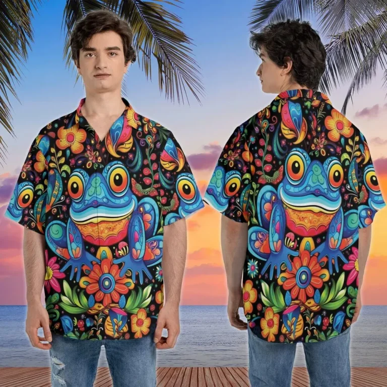 Funny Frog Hawaiian Shirt For Men Women, Colorful Tropical Flower Shirt, Frog Summer Beach Shirt, Tropical Mens Casual Button Down Shirt Short Sleeve