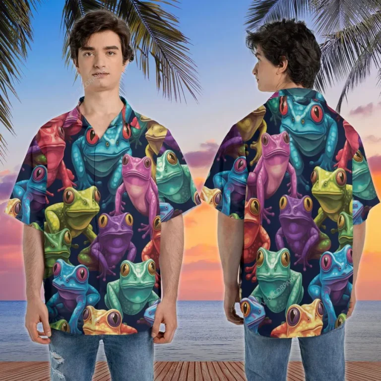 Colorful Frog Family Hawaiian Shirt For Men, Frog Button Down Short Sleeve Hawaiian Shirt, Casual Printed Beach Summer Shirt, Aloha Beach Shirt