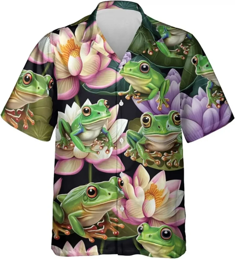 Cute Frog Hawaiian Shirts, Colorful Funny Frog Summer Shirt, Tropical Printed Shirts, Summer Shirts, Frog Mens Casual Button Down Shirt Short Sleeve,