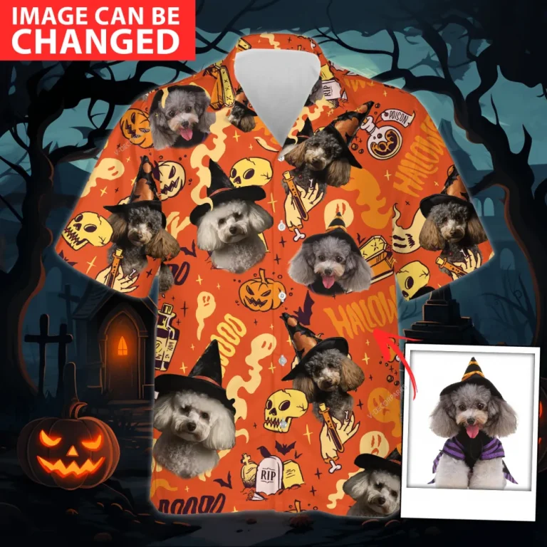 Custom Pet Face Halloween Hawaiian Shirt, Spooky Season Pumpkin Dog Halloween Summer Beach Shirt, Dog Lover Button Down Short Sleeve Aloha Shirts