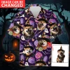 Custom Pet Face Halloween Hawaiian Shirt, Witch Candy Dog Halloween Summer Beach Shirt, Dog Lover Button Down Short Sleeve Shirt, Spooky Aloha Shirt