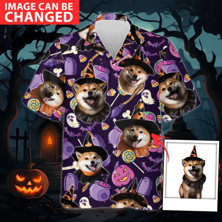 Custom Pet Face Halloween Hawaiian Shirt, Witch Candy Dog Halloween Summer Beach Shirt, Dog Lover Button Down Short Sleeve Shirt, Spooky Aloha Shirt
