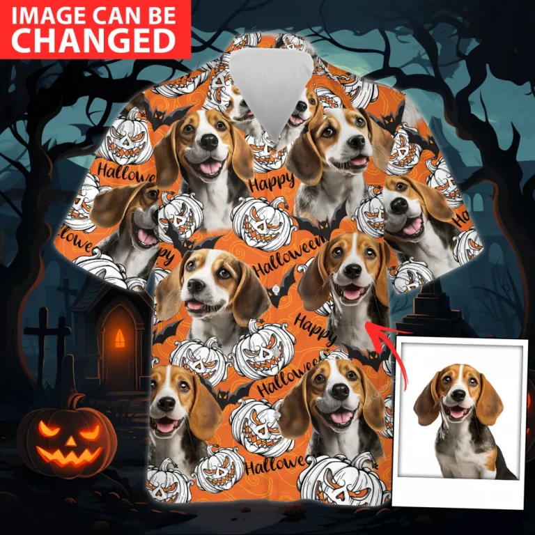Custom Pet Face Halloween Hawaiian Shirts, Funny Pumpkins Dog Halloween Summer Shirt, Dog Lover Button Down Short Sleeve Shirt, Spooky Aloha Shirts