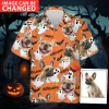 Custom Pet Halloween Hawaiian Shirts, Funny Ghost Dog Halloween Summer Beach Shirt, Dog Lover Button Down Short Sleeve Shirt, Spooky Aloha Shirts