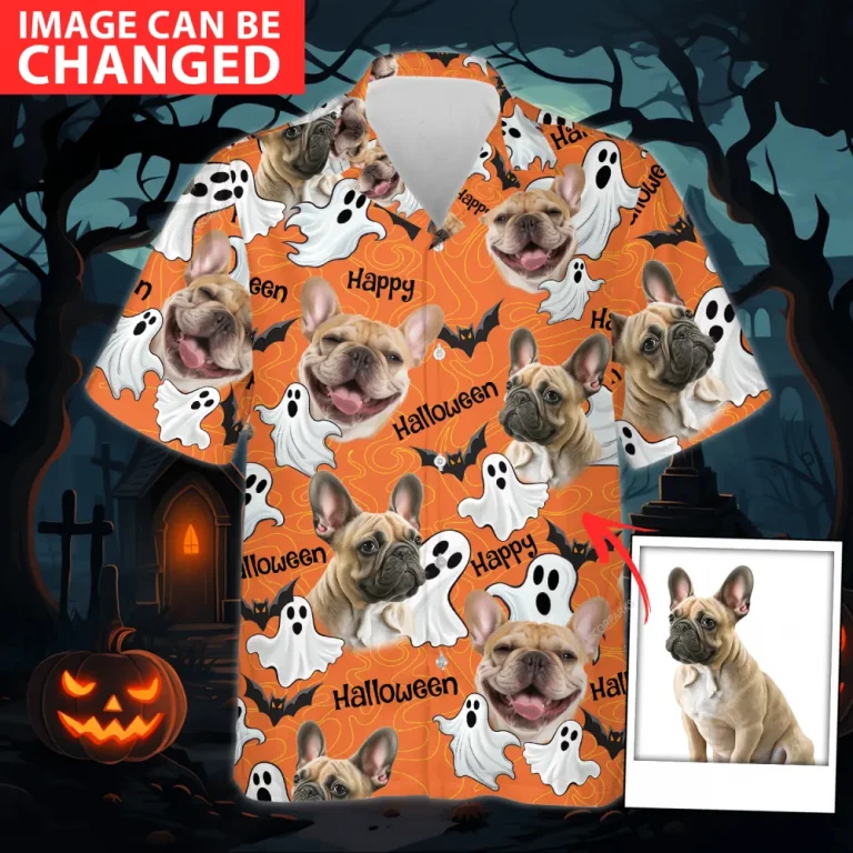 Custom Pet Halloween Hawaiian Shirts, Funny Ghost Dog Halloween Summer Beach Shirt, Dog Lover Button Down Short Sleeve Shirt, Spooky Aloha Shirts