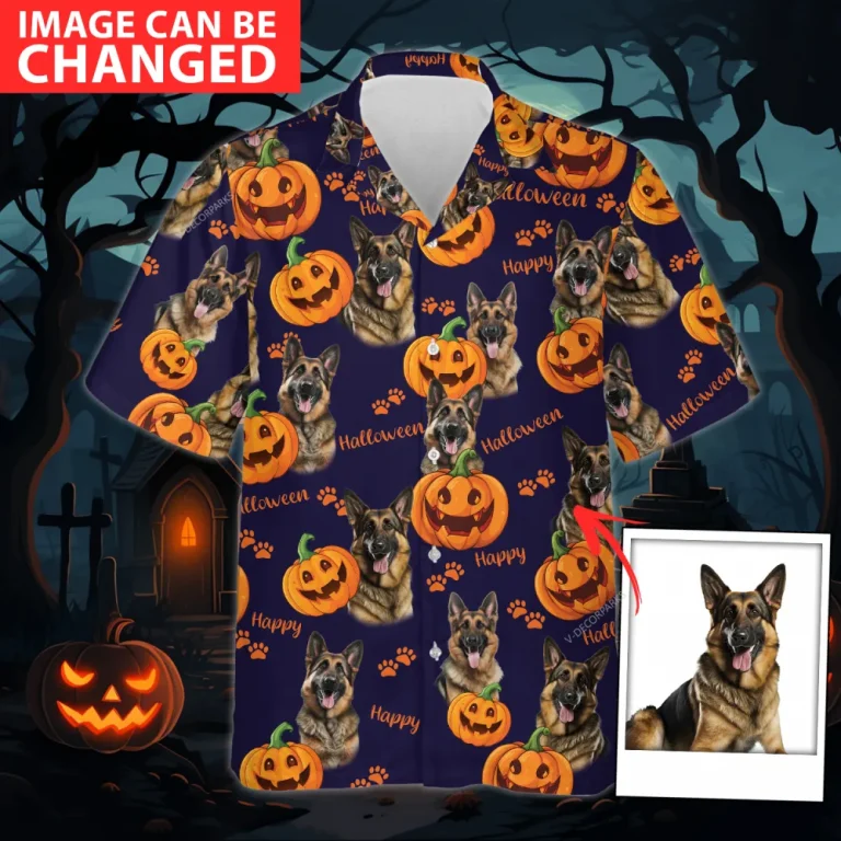 Custom Pet Face Halloween Hawaiian Shirt, Funny Pumpkin Paws Halloween Summer Beach Shirt,dog Lover Button Down Short Sleeve Shirt, Spooky Aloha Shirt