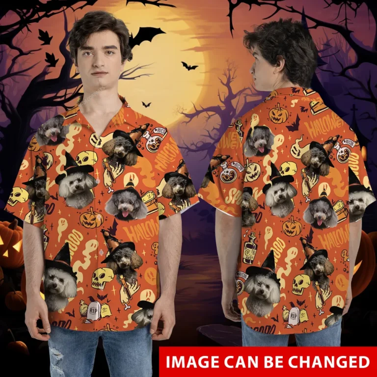 Custom Pet Face Halloween Hawaiian Shirt, Spooky Season Pumpkin Dog Halloween Summer Beach Shirt, Dog Lover Button Down Short Sleeve Aloha Shirts