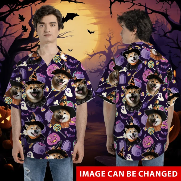 Custom Pet Face Halloween Hawaiian Shirt, Witch Candy Dog Halloween Summer Beach Shirt, Dog Lover Button Down Short Sleeve Shirt, Spooky Aloha Shirt