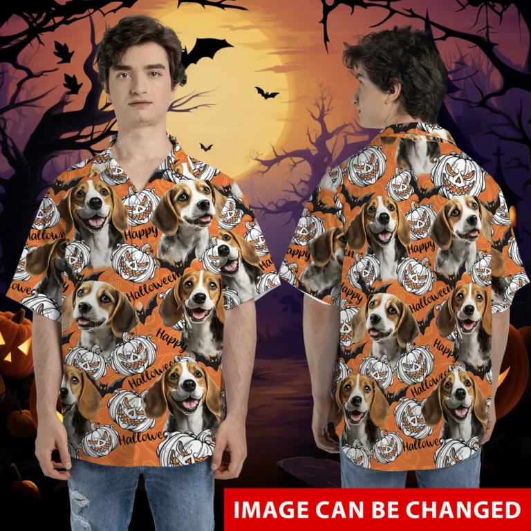 Custom Pet Face Halloween Hawaiian Shirts, Funny Pumpkins Dog Halloween Summer Shirt, Dog Lover Button Down Short Sleeve Shirt, Spooky Aloha Shirts