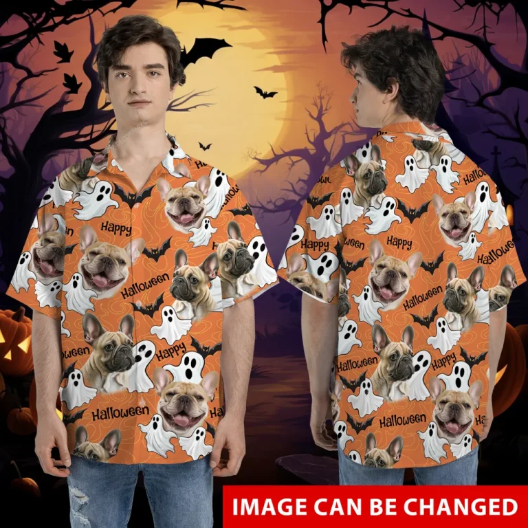 Custom Pet Halloween Hawaiian Shirts, Funny Ghost Dog Halloween Summer Beach Shirt, Dog Lover Button Down Short Sleeve Shirt, Spooky Aloha Shirts