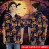 Custom Pet Face Halloween Hawaiian Shirt, Funny Pumpkin Paws Halloween Summer Beach Shirt,dog Lover Button Down Short Sleeve Shirt, Spooky Aloha Shirt