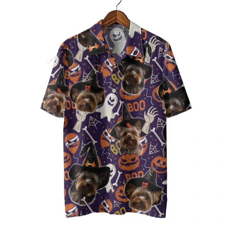 Yorkshire Witch Halloween Hawaiian Shirt, Pumpkin Ghost Dog Halloween Summer Beach Shirt, Dog Lover Button Down Short Sleeve Shirt, Spooky Aloha Shirt
