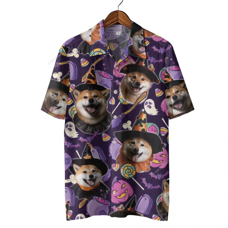 Shiba Inu Witch Halloween Hawaiian Shirt, Witch Candy Dog Halloween Summer Beach Shirt, Dog Lover Button Down Short Sleeve Shirt, Spooky Aloha Shirt