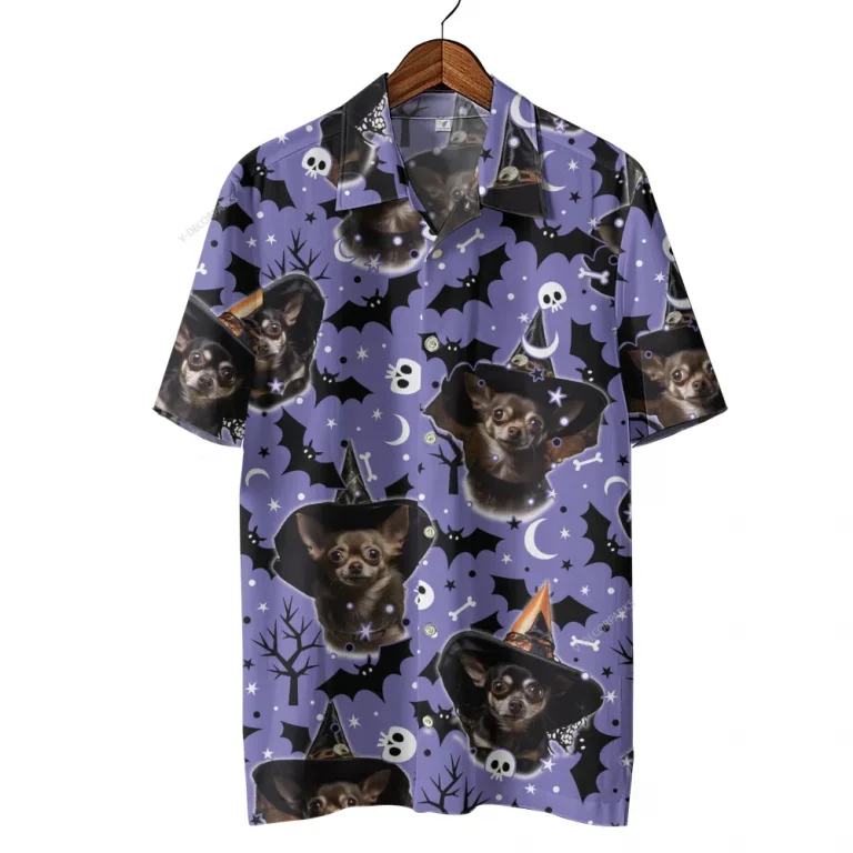 Chihuahua Witch Halloween Hawaiian Shirt, Witch Bats Dog Halloween Summer Beach Shirt, Dog Lover Button Down Short Sleeve Shirt, Spooky Aloha Shirts