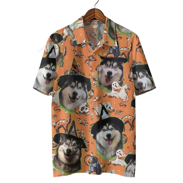 Husky Witch Halloween Hawaiian Shirt, Funny Ghost Dog Halloween Summer Beach Shirt, Dog Lover Button Down Short Sleeve Shirt, Spooky Aloha Shirts