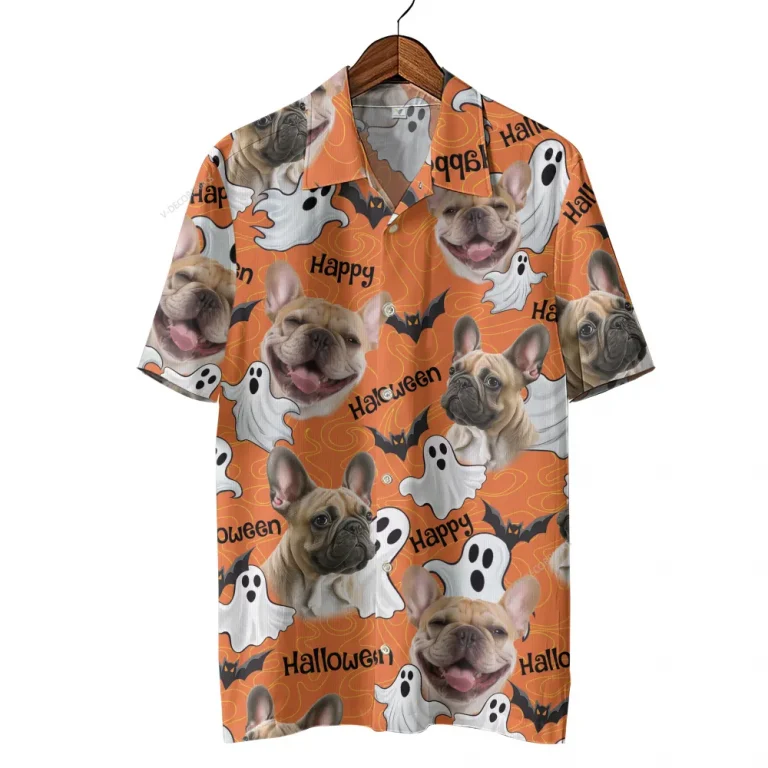 Spooky Bulldog Halloween Hawaiian Shirts, Funny Ghost Dog Halloween Summer Beach Shirt, Dog Lover Button Down Short Sleeve Shirt, Spooky Aloha Shirts