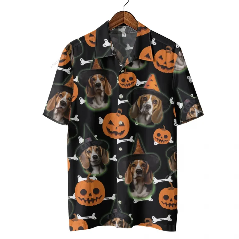 Beagle Witch Halloween Hawaiian Shirt, Pumpkin Bones Dog Halloween Summer Beach Shirt, Dog Lover Button Down Short Sleeve Shirt, Spooky Aloha Shirts