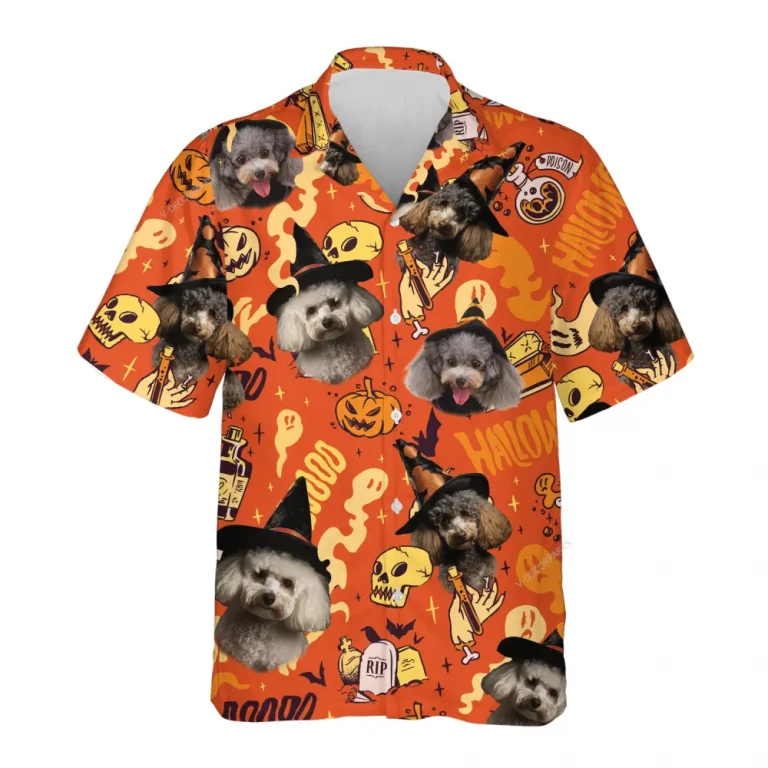 Custom Pet Face Halloween Hawaiian Shirt, Spooky Season Pumpkin Dog Halloween Summer Beach Shirt, Dog Lover Button Down Short Sleeve Aloha Shirts