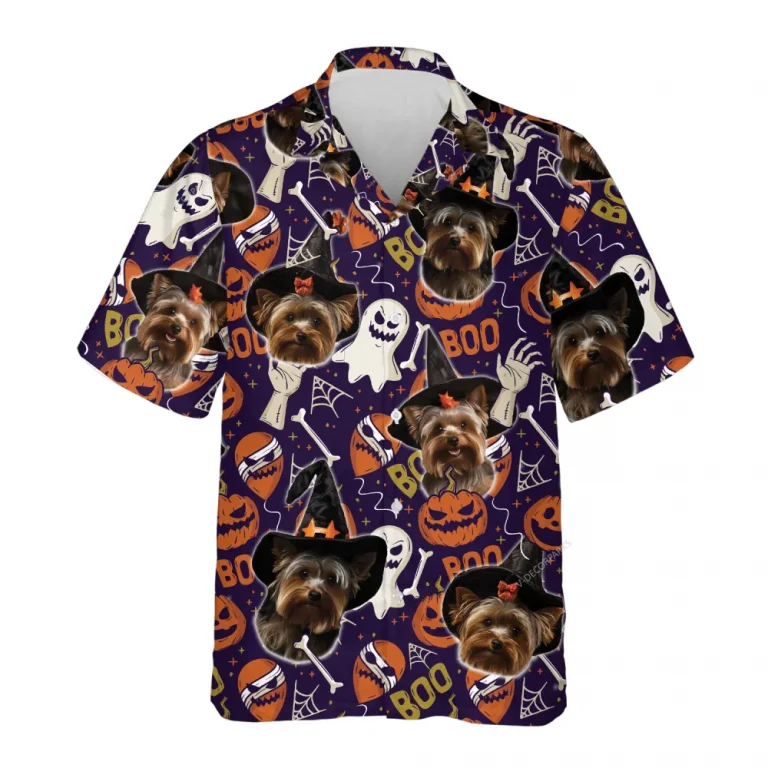 Yorkshire Witch Halloween Hawaiian Shirt, Pumpkin Ghost Dog Halloween Summer Beach Shirt, Dog Lover Button Down Short Sleeve Shirt, Spooky Aloha Shirt