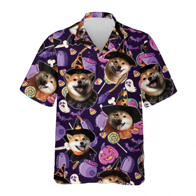 Custom Pet Face Halloween Hawaiian Shirt, Witch Candy Dog Halloween Summer Beach Shirt, Dog Lover Button Down Short Sleeve Shirt, Spooky Aloha Shirt