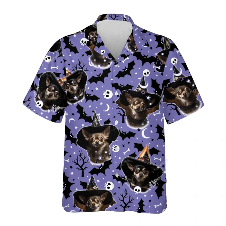 Chihuahua Witch Halloween Hawaiian Shirt, Witch Bats Dog Halloween Summer Beach Shirt, Dog Lover Button Down Short Sleeve Shirt, Spooky Aloha Shirts