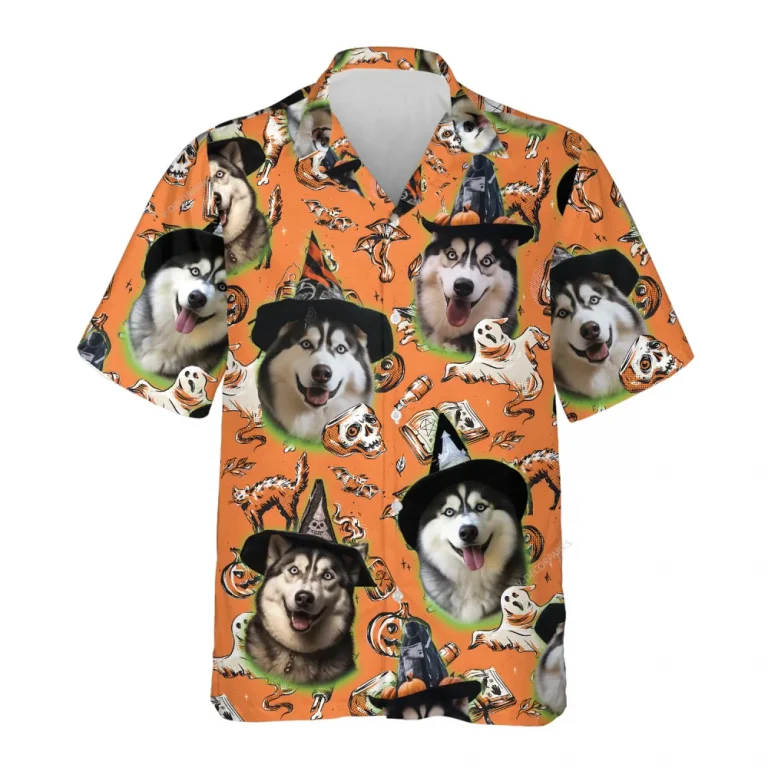 Husky Witch Halloween Hawaiian Shirt, Funny Ghost Dog Halloween Summer Beach Shirt, Dog Lover Button Down Short Sleeve Shirt, Spooky Aloha Shirts