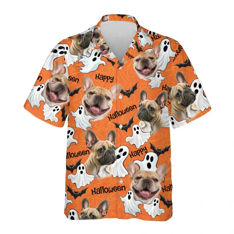 Custom Pet Halloween Hawaiian Shirts, Funny Ghost Dog Halloween Summer Beach Shirt, Dog Lover Button Down Short Sleeve Shirt, Spooky Aloha Shirts