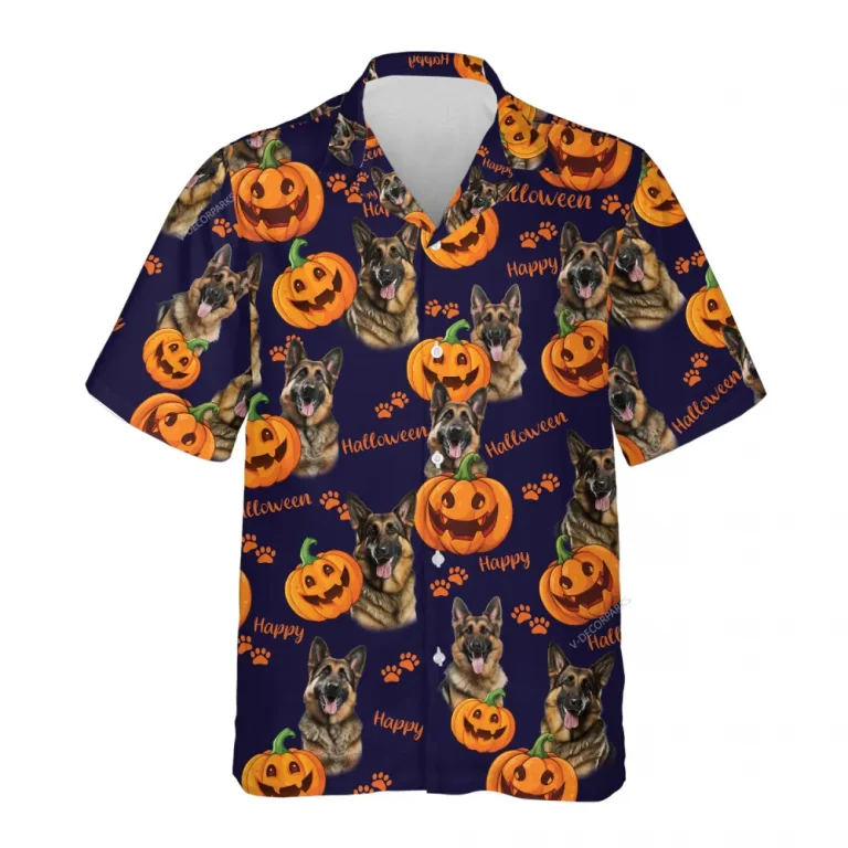 Custom Pet Face Halloween Hawaiian Shirt, Funny Pumpkin Paws Halloween Summer Beach Shirt,dog Lover Button Down Short Sleeve Shirt, Spooky Aloha Shirt