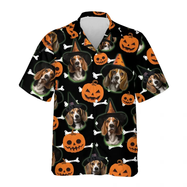 Beagle Witch Halloween Hawaiian Shirt, Pumpkin Bones Dog Halloween Summer Beach Shirt, Dog Lover Button Down Short Sleeve Shirt, Spooky Aloha Shirts