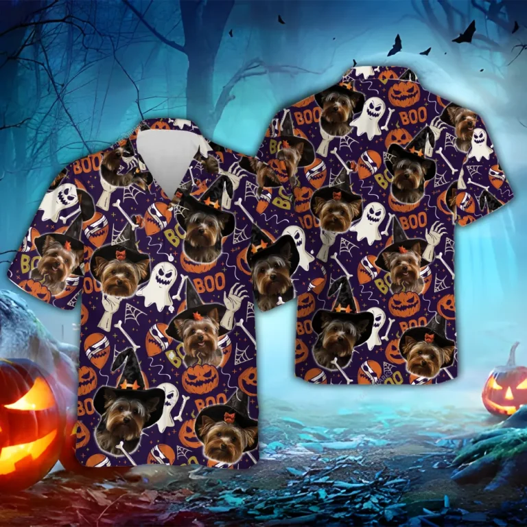 Yorkshire Witch Halloween Hawaiian Shirt, Pumpkin Ghost Dog Halloween Summer Beach Shirt, Dog Lover Button Down Short Sleeve Shirt, Spooky Aloha Shirt