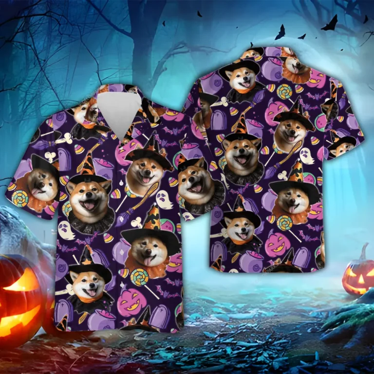 Shiba Inu Witch Halloween Hawaiian Shirt, Witch Candy Dog Halloween Summer Beach Shirt, Dog Lover Button Down Short Sleeve Shirt, Spooky Aloha Shirt