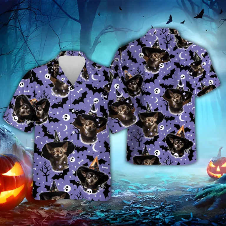 Chihuahua Witch Halloween Hawaiian Shirt, Witch Bats Dog Halloween Summer Beach Shirt, Dog Lover Button Down Short Sleeve Shirt, Spooky Aloha Shirts