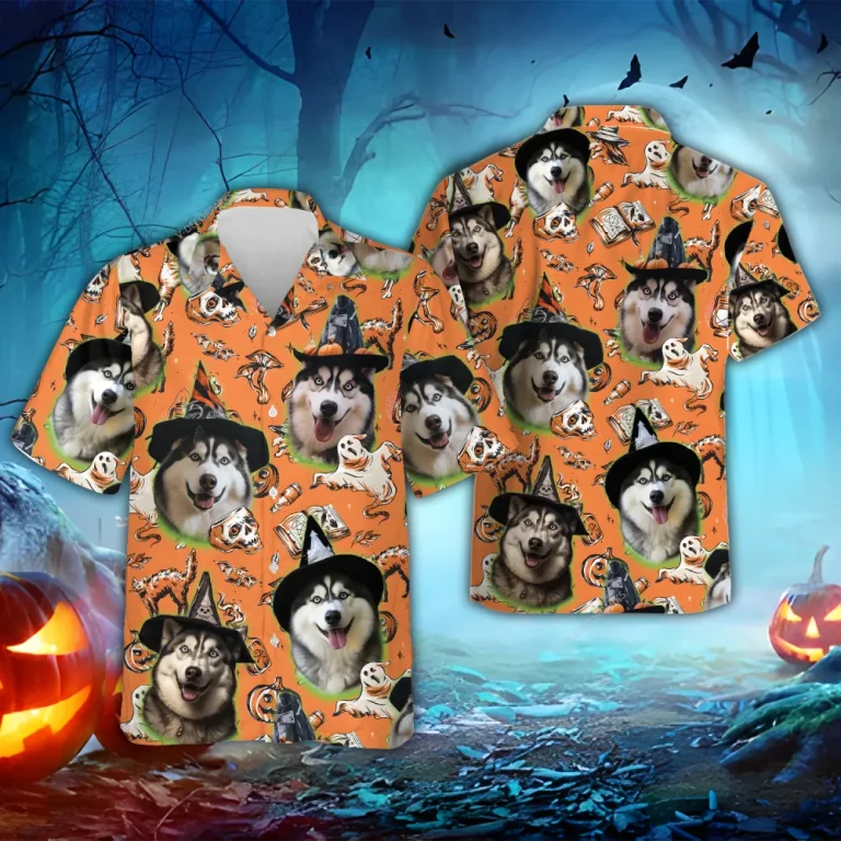 Husky Witch Halloween Hawaiian Shirt, Funny Ghost Dog Halloween Summer Beach Shirt, Dog Lover Button Down Short Sleeve Shirt, Spooky Aloha Shirts
