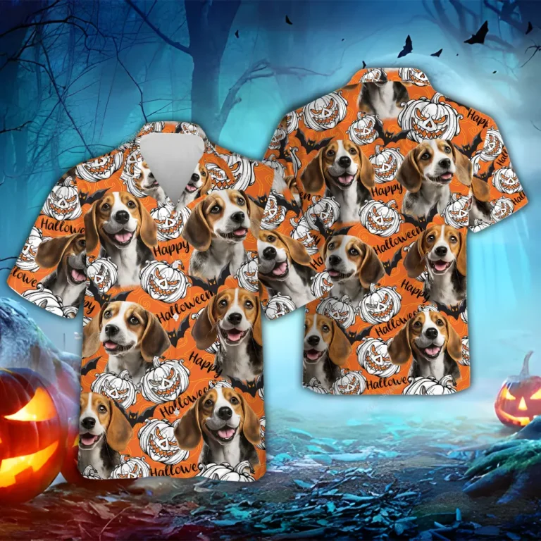 Beagle Dog Halloween Hawaiian Shirts, Funny Pumpkins Dog Halloween Summer Beach Shirt, Dog Lover Button Down Short Sleeve Shirt, Spooky Aloha Shirts