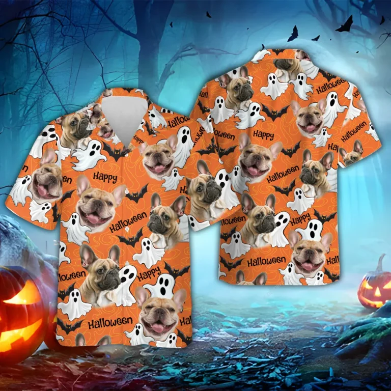 Spooky Bulldog Halloween Hawaiian Shirts, Funny Ghost Dog Halloween Summer Beach Shirt, Dog Lover Button Down Short Sleeve Shirt, Spooky Aloha Shirts