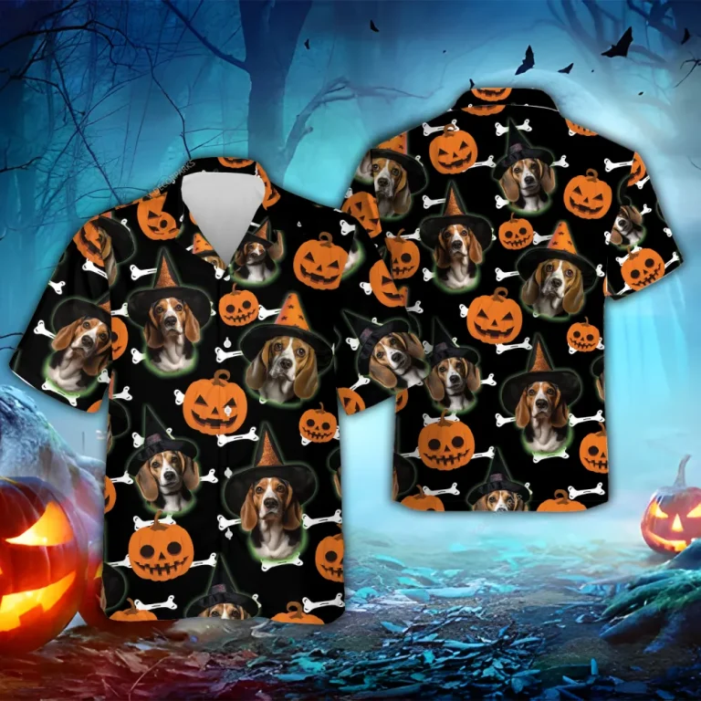 Beagle Witch Halloween Hawaiian Shirt, Pumpkin Bones Dog Halloween Summer Beach Shirt, Dog Lover Button Down Short Sleeve Shirt, Spooky Aloha Shirts