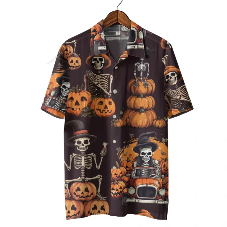 Skeleton Pumpkins Halloween Hawaiian Shirts, Spooky Aloha Shirts, Halloween Summer Beach Shirt, Halloween Button Down Short Sleeve Hawaiian Shirt