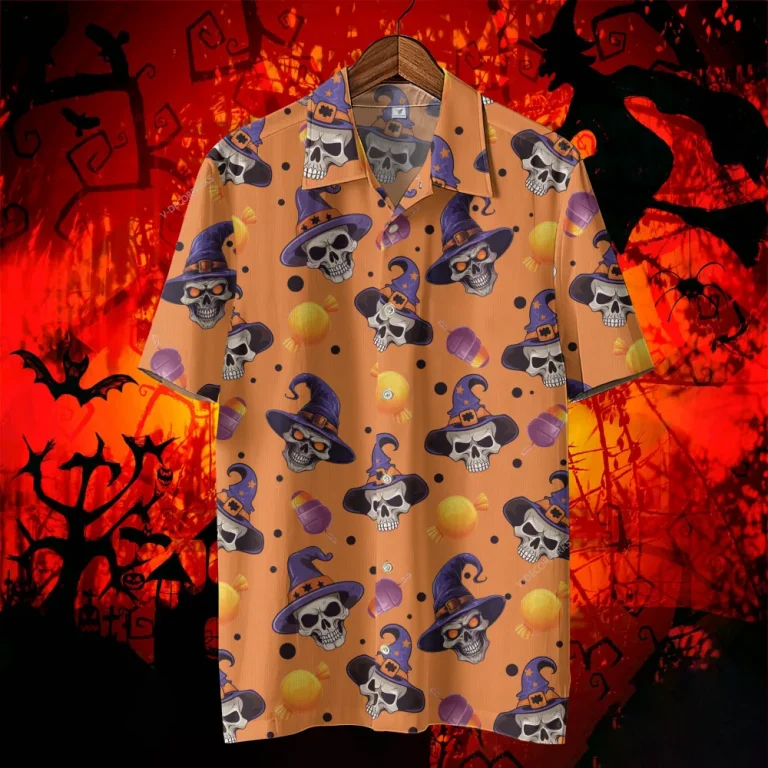 Skull Witch Halloween Hawaiian Shirts, Spooky Aloha Shirts, Halloween Pattern Summer Beach Shirt, Halloween Button Down Short Sleeve Hawaiian Shirt