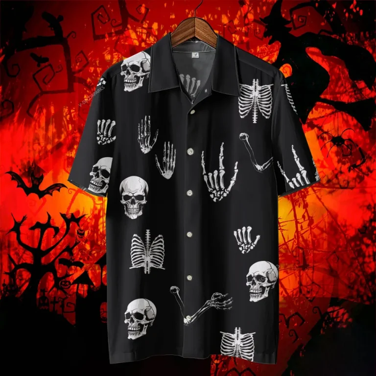 Skull Bones Halloween Hawaiian Shirts, Spooky Aloha Shirts, Horror Bones Pattern Summer Beach Shirt, Halloween Button Down Short Sleeve Hawaiian Shirt