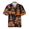Skeleton Pumpkins Halloween Hawaiian Shirts, Spooky Aloha Shirts, Halloween Summer Beach Shirt, Halloween Button Down Short Sleeve Hawaiian Shirt