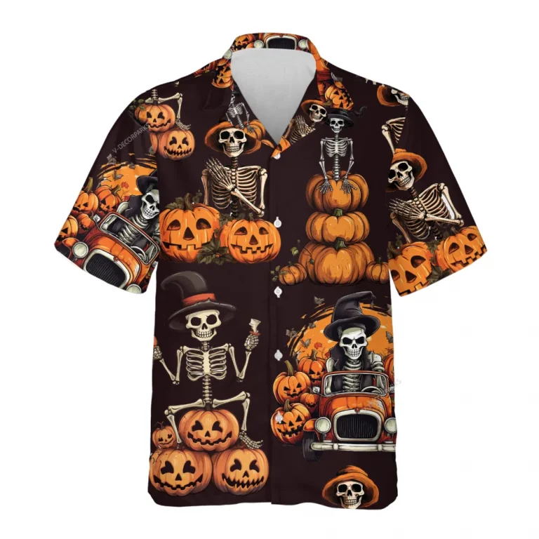 Skeleton Pumpkins Halloween Hawaiian Shirts, Spooky Aloha Shirts, Halloween Summer Beach Shirt, Halloween Button Down Short Sleeve Hawaiian Shirt