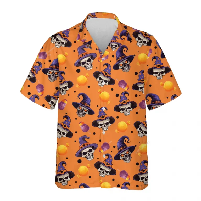 Skull Witch Halloween Hawaiian Shirts, Spooky Aloha Shirts, Halloween Pattern Summer Beach Shirt, Halloween Button Down Short Sleeve Hawaiian Shirt